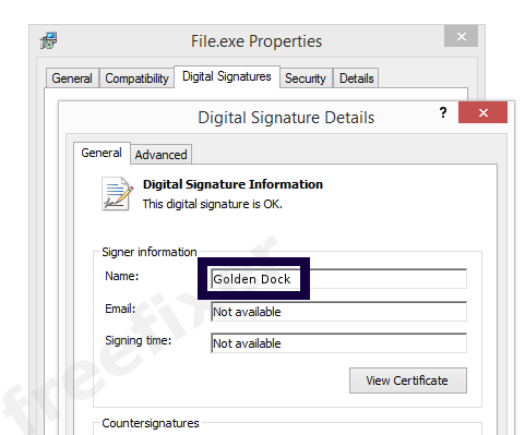 Screenshot of the Golden Dock certificate
